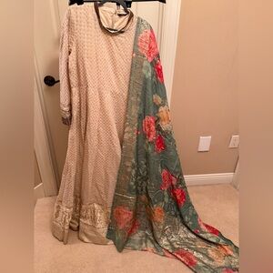 Elegant Cream banarasi Anarkali Dress with Green Floral Dupatta